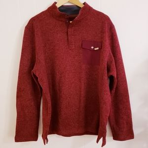 Woolrich Men Sweater Size XL Pullover Top Red Burgundy 1/4 Button Snap LS slits.